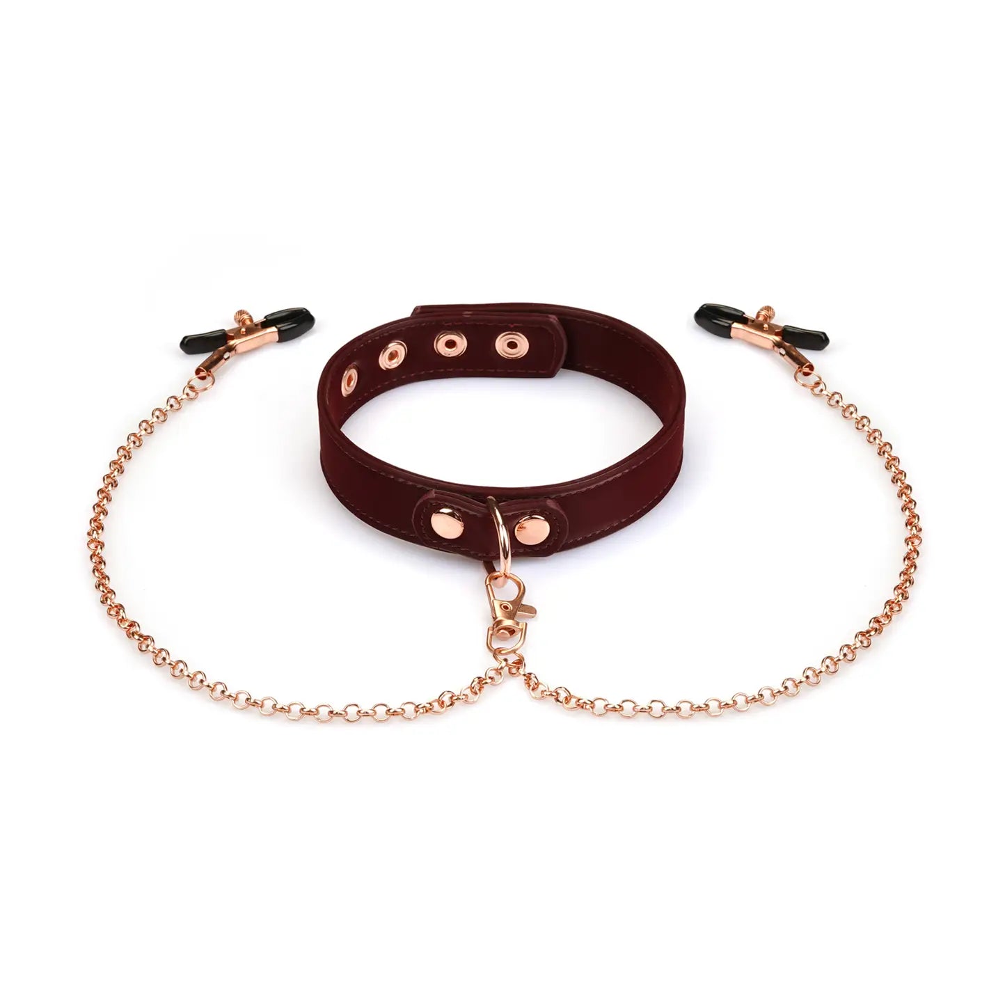 ANON SECRETS - Vegan Collar with Nipple Clamps Metallic Shade Burgundy