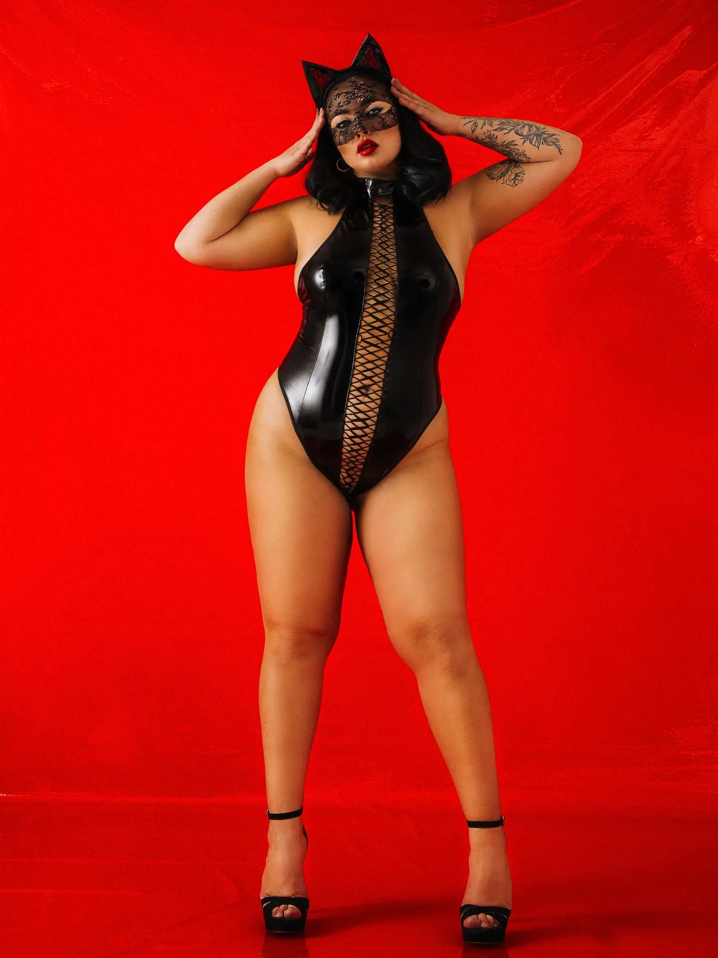 ANON SECRETS - Mystic Cat Vinyl Bodysuit Sexy Latex - Black