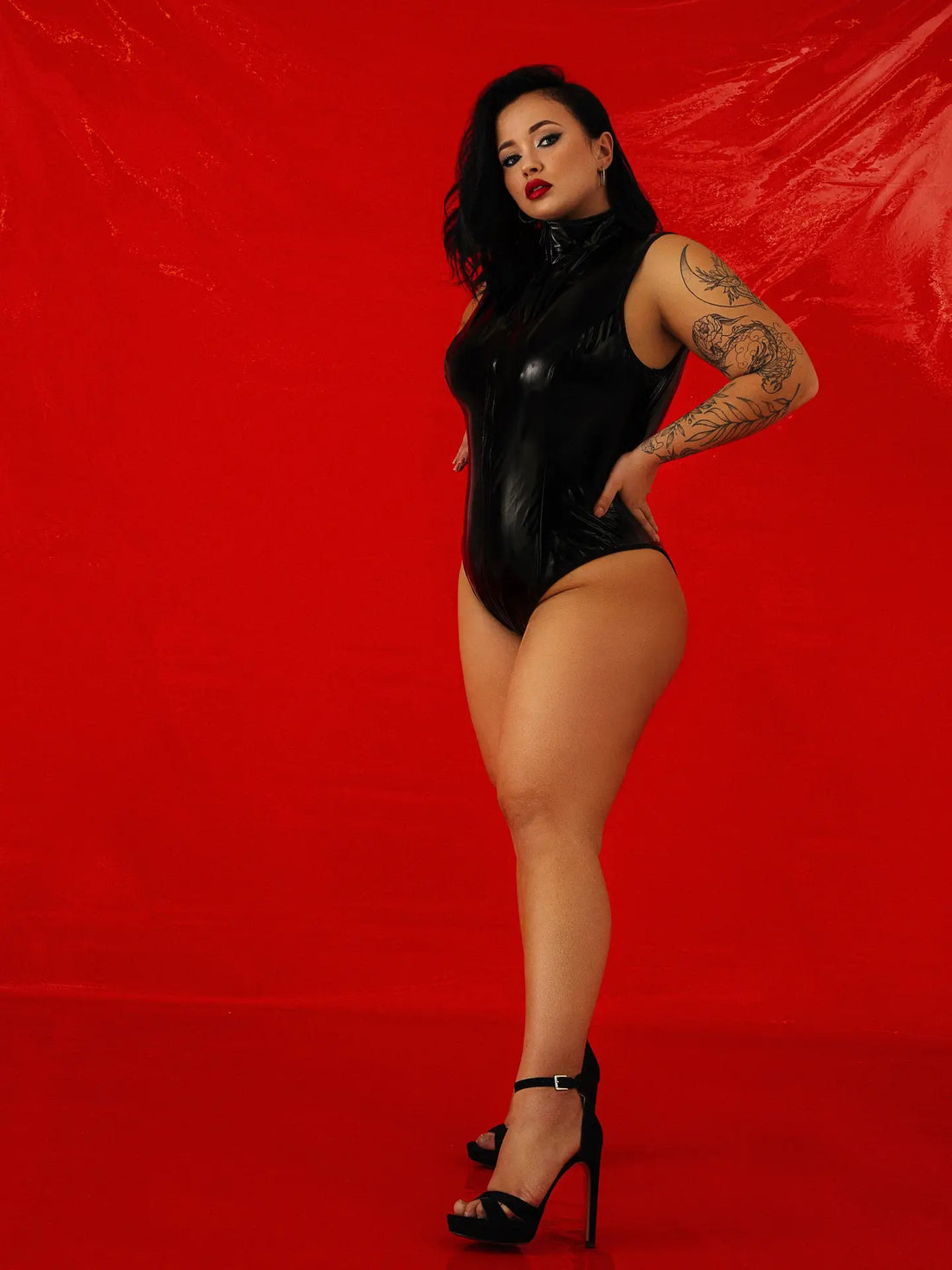 ANON SECRETS - Plus Size Latex High Neck Vinyl Bodysuit - Black