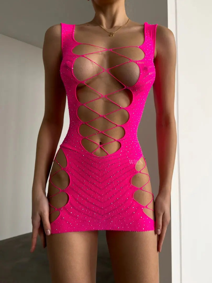 ANON SECRETS - EXCESS FISHNET DRESS IN PINK