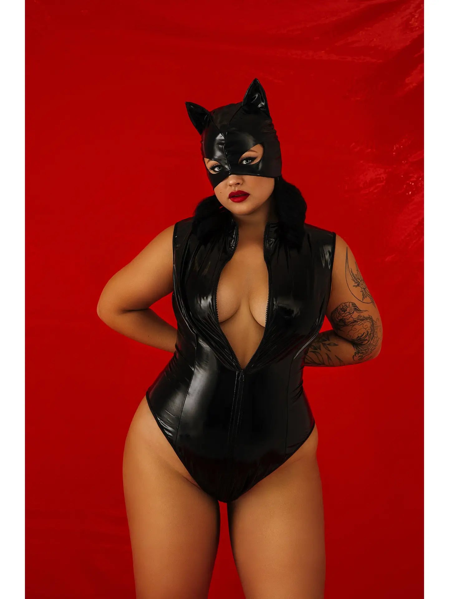 ANON SECRETS - Plus Size Latex High Neck Vinyl Bodysuit - Black