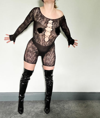 ANON SECRETS - FRAME FISHNET BODY SUIT IN BLACK