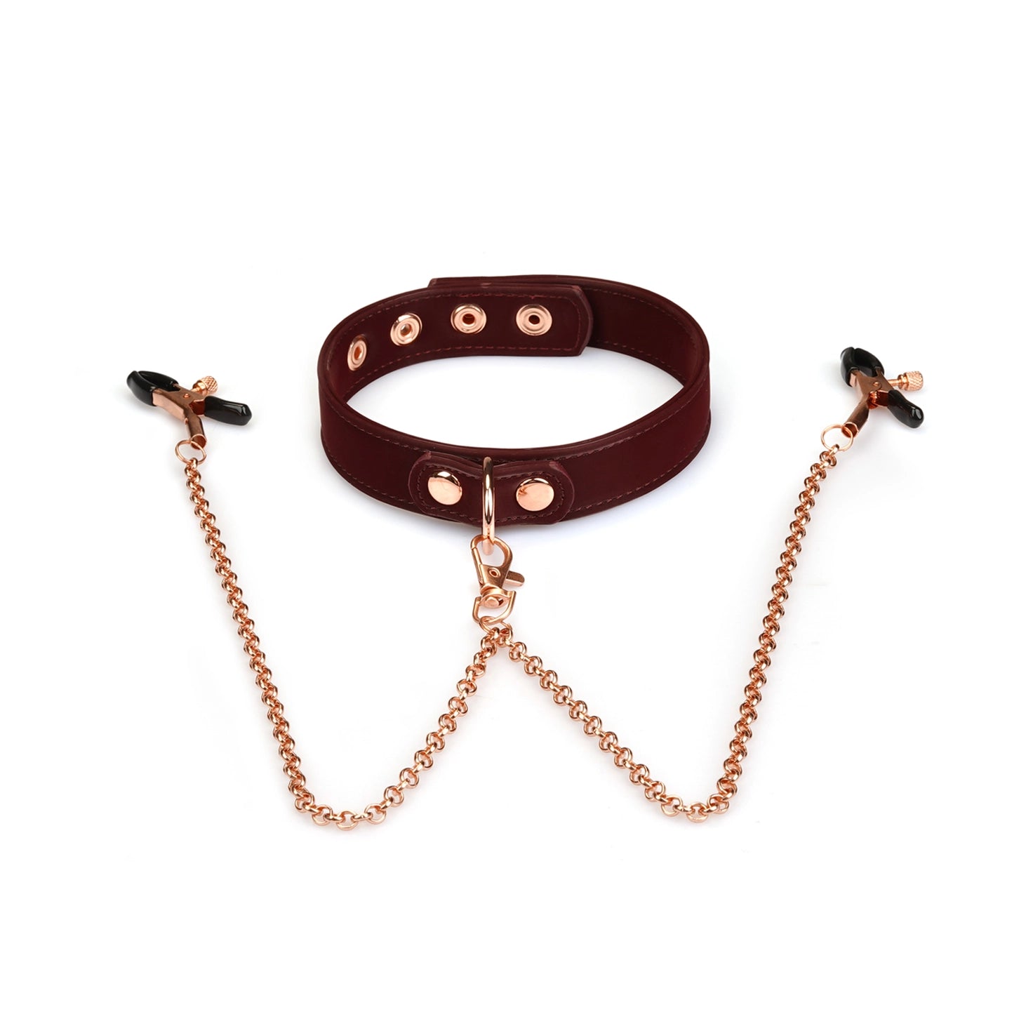 ANON SECRETS - Vegan Collar with Nipple Clamps Metallic Shade Burgundy