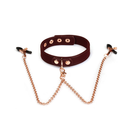 ANON SECRETS - Vegan Collar with Nipple Clamps Metallic Shade Burgundy