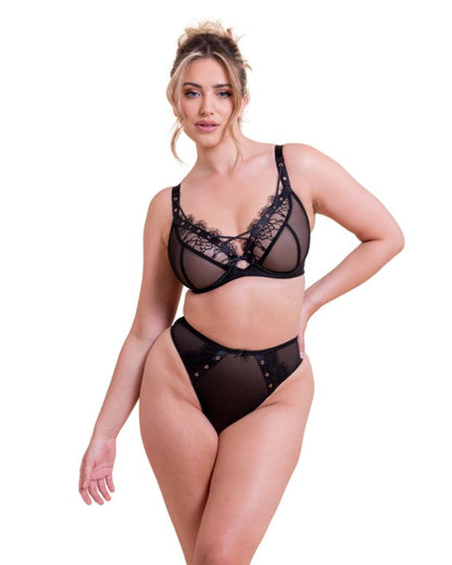SCANTILLY - Laced Up High Waist Thong in Black