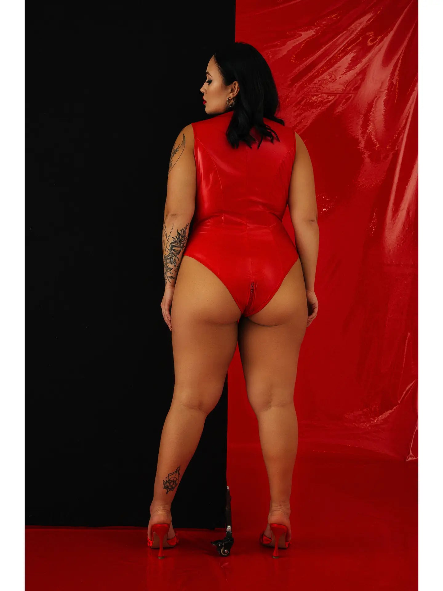 ANON SECRETS - Plus Size Latex High Neck Vinyl Bodysuit - Red