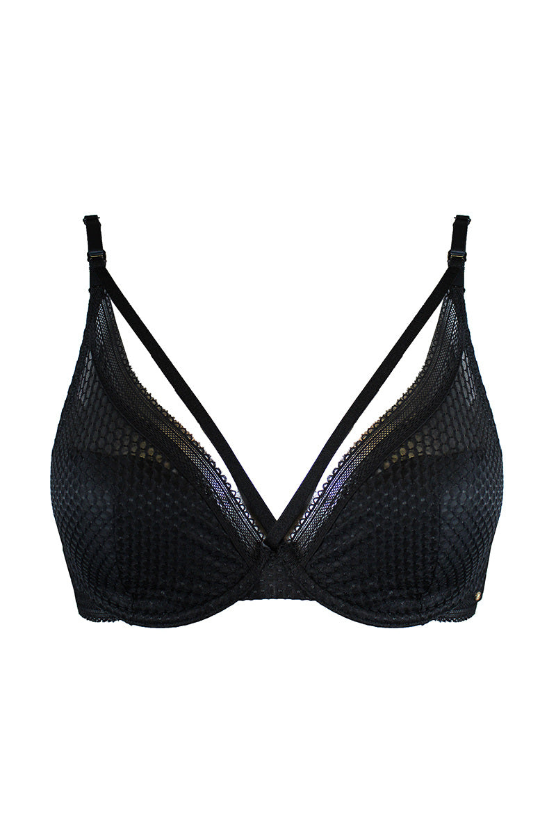 PRETTY POLLY - DIAMOND MESH PADDED HIGH APEX BRA - BLACK